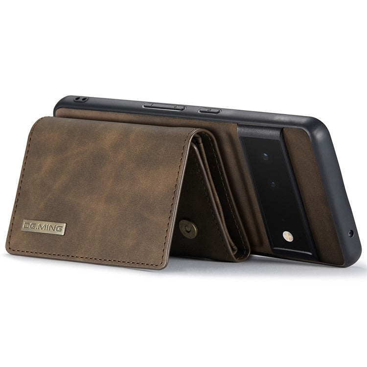 DG.MING M1 Series Detachable 2-in-1 Design Magnetic Absorption Wallet + PU Leather Coated Phone Case Cover with Kickstand for Google Pixel 6 Pro - Coffee