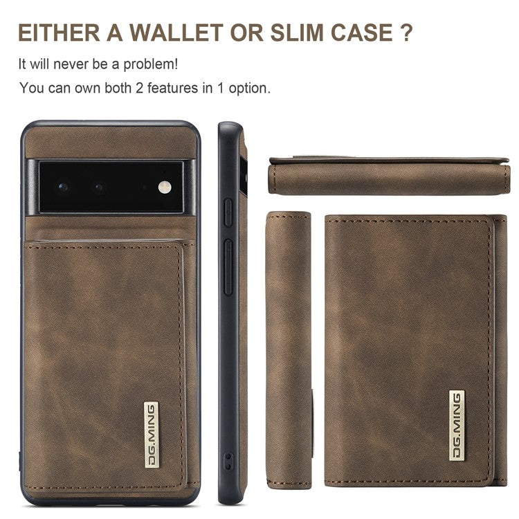 DG.MING M1 Series Detachable 2-in-1 Design Magnetic Absorption Wallet + PU Leather Coated Phone Case Cover with Kickstand for Google Pixel 6 Pro - Coffee