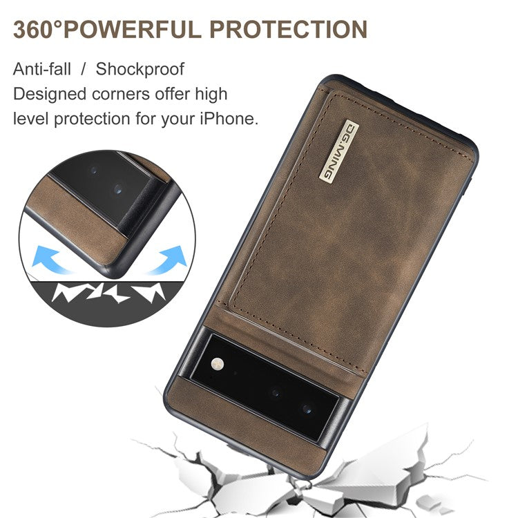 DG.MING M1 Series Detachable 2-in-1 Design Magnetic Absorption Wallet + PU Leather Coated Phone Case Cover with Kickstand for Google Pixel 6 Pro - Coffee