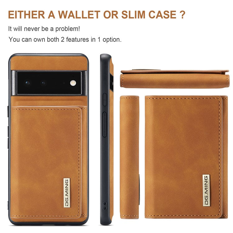 DG.MING M1 Series Detachable 2-in-1 Design Magnetic Absorption Wallet + PU Leather Coated Phone Case Cover with Kickstand for Google Pixel 6 Pro - Brown