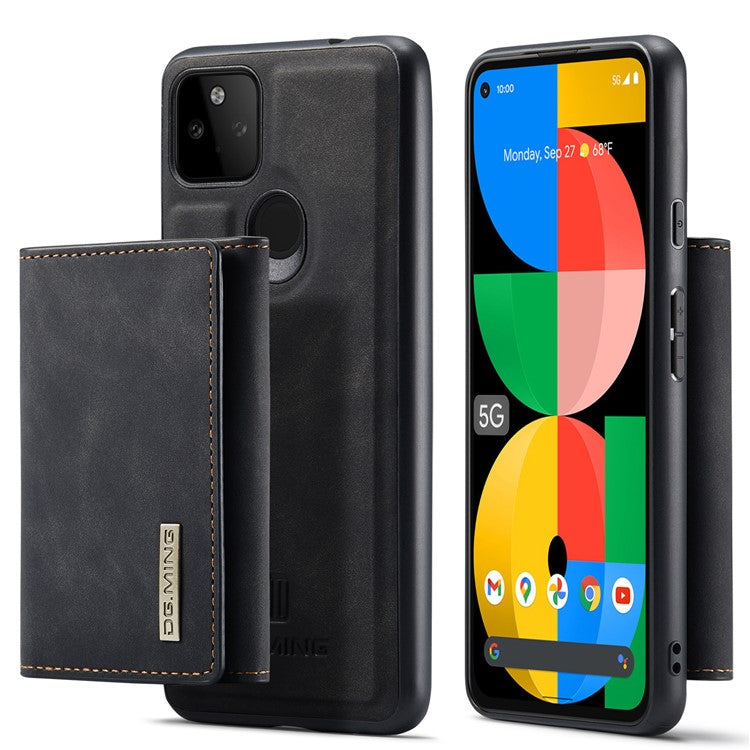 DG.MING M1 Series Detachable Magnetic Absorption Wallet + Well-protected PU Leather Coated Phone Case Shell with Kickstand for Google Pixel 5a 5G - Black