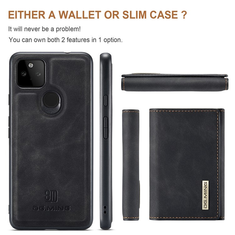 DG.MING M1 Series Detachable Magnetic Absorption Wallet + Well-protected PU Leather Coated Phone Case Shell with Kickstand for Google Pixel 5a 5G - Black