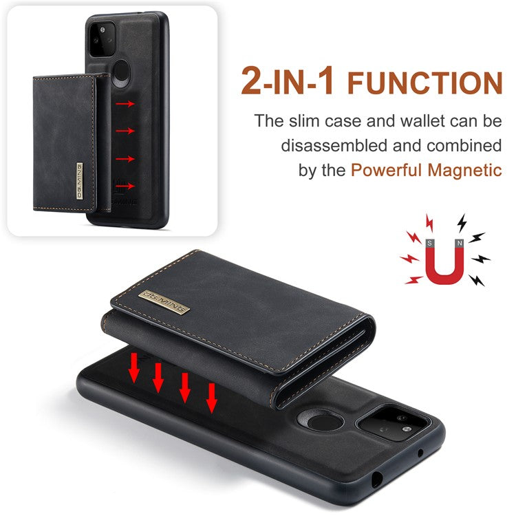 DG.MING M1 Series Detachable Magnetic Absorption Wallet + Well-protected PU Leather Coated Phone Case Shell with Kickstand for Google Pixel 5a 5G - Black