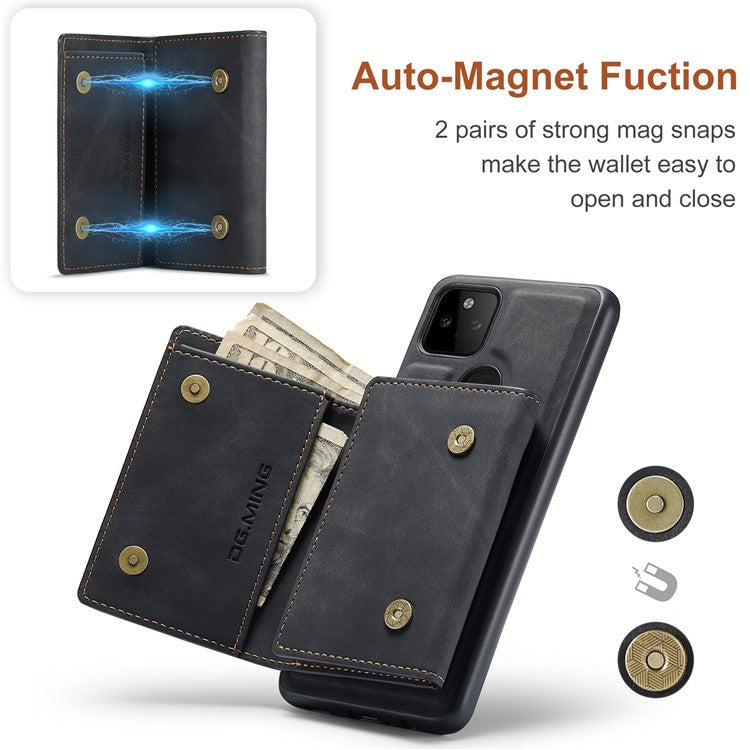 DG.MING M1 Series Detachable Magnetic Absorption Wallet + Well-protected PU Leather Coated Phone Case Shell with Kickstand for Google Pixel 5a 5G - Black