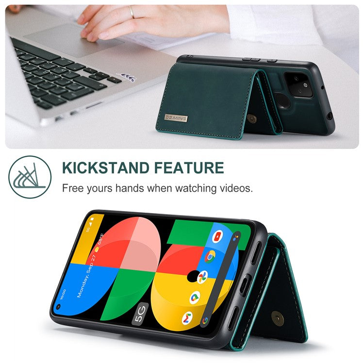 DG.MING M1 Series Detachable Magnetic Absorption Wallet + Well-protected PU Leather Coated Phone Case Shell with Kickstand for Google Pixel 5a 5G - Green