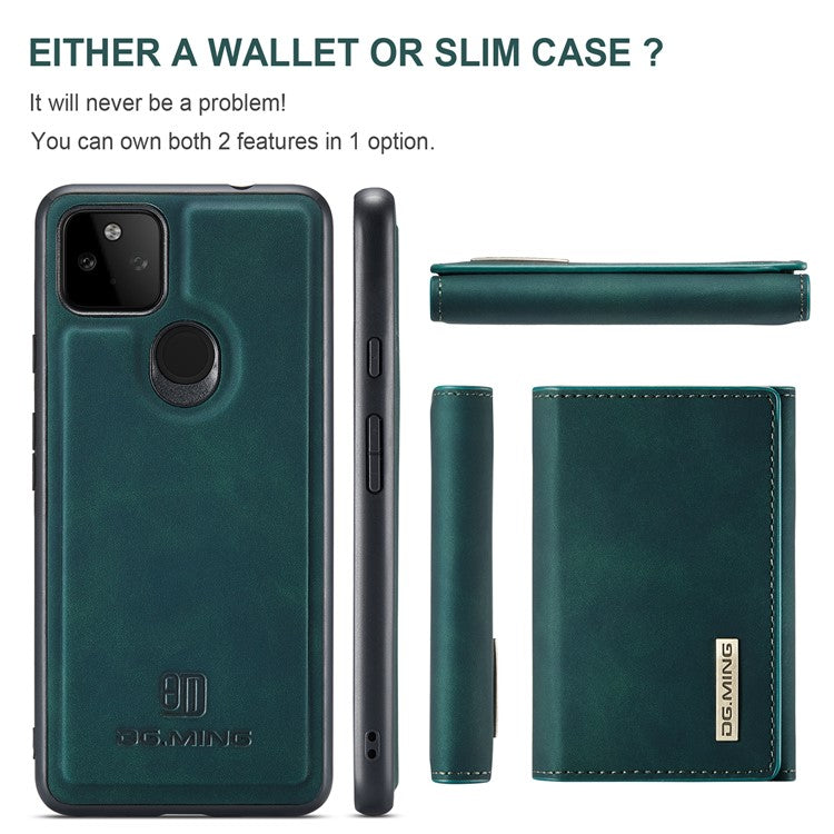 DG.MING M1 Series Detachable Magnetic Absorption Wallet + Well-protected PU Leather Coated Phone Case Shell with Kickstand for Google Pixel 5a 5G - Green