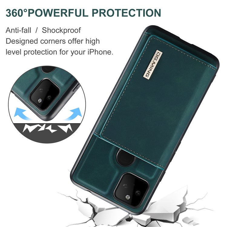 DG.MING M1 Series Detachable Magnetic Absorption Wallet + Well-protected PU Leather Coated Phone Case Shell with Kickstand for Google Pixel 5a 5G - Green