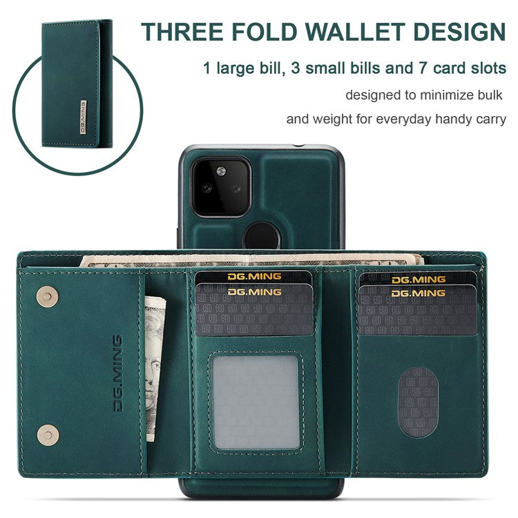 DG.MING M1 Series Detachable Magnetic Absorption Wallet + Well-protected PU Leather Coated Phone Case Shell with Kickstand for Google Pixel 5a 5G - Green
