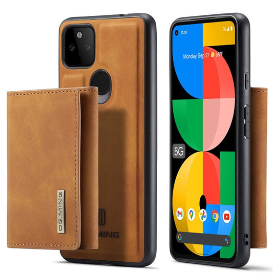 DG.MING M1 Series Detachable Magnetic Absorption Wallet + Well-protected PU Leather Coated Phone Case Shell with Kickstand for Google Pixel 5a 5G - Brown