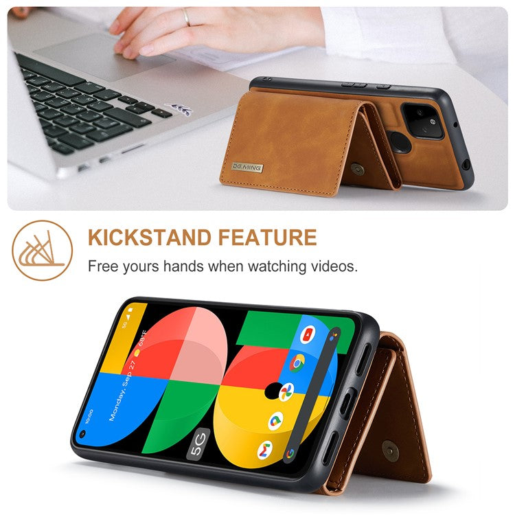 DG.MING M1 Series Detachable Magnetic Absorption Wallet + Well-protected PU Leather Coated Phone Case Shell with Kickstand for Google Pixel 5a 5G - Brown