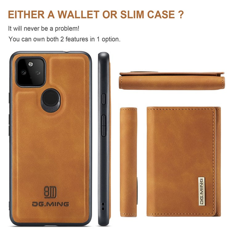 DG.MING M1 Series Detachable Magnetic Absorption Wallet + Well-protected PU Leather Coated Phone Case Shell with Kickstand for Google Pixel 5a 5G - Brown