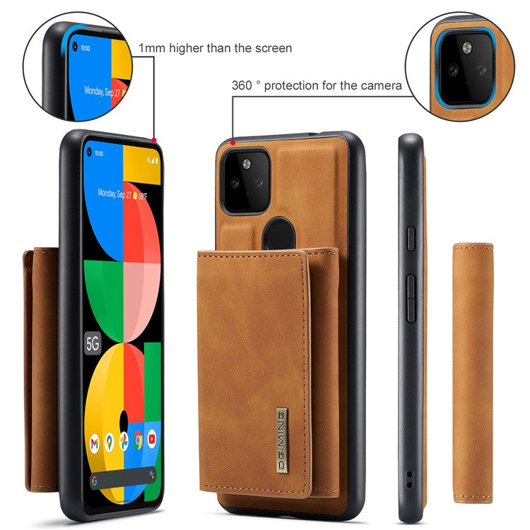 DG.MING M1 Series Detachable Magnetic Absorption Wallet + Well-protected PU Leather Coated Phone Case Shell with Kickstand for Google Pixel 5a 5G - Brown