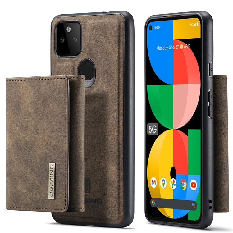 DG.MING M1 Series Detachable Magnetic Absorption Wallet + Well-protected PU Leather Coated Phone Case Shell with Kickstand for Google Pixel 5a 5G - Coffee