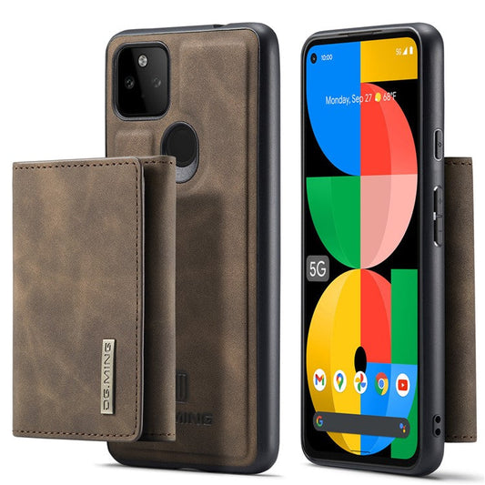 DG.MING M1 Series Detachable Magnetic Absorption Wallet + Well-protected PU Leather Coated Phone Case Shell with Kickstand for Google Pixel 5a 5G - Coffee
