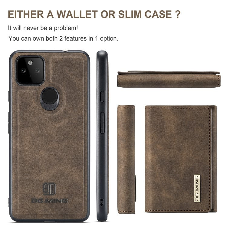 DG.MING M1 Series Detachable Magnetic Absorption Wallet + Well-protected PU Leather Coated Phone Case Shell with Kickstand for Google Pixel 5a 5G - Coffee