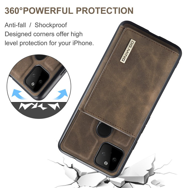 DG.MING M1 Series Detachable Magnetic Absorption Wallet + Well-protected PU Leather Coated Phone Case Shell with Kickstand for Google Pixel 5a 5G - Coffee