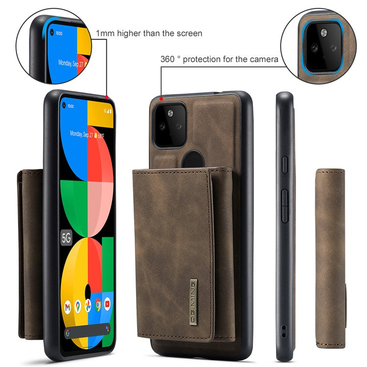 DG.MING M1 Series Detachable Magnetic Absorption Wallet + Well-protected PU Leather Coated Phone Case Shell with Kickstand for Google Pixel 5a 5G - Coffee