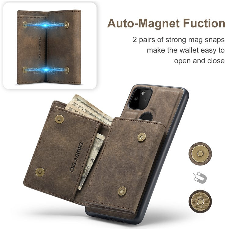 DG.MING M1 Series Detachable Magnetic Absorption Wallet + Well-protected PU Leather Coated Phone Case Shell with Kickstand for Google Pixel 5a 5G - Coffee