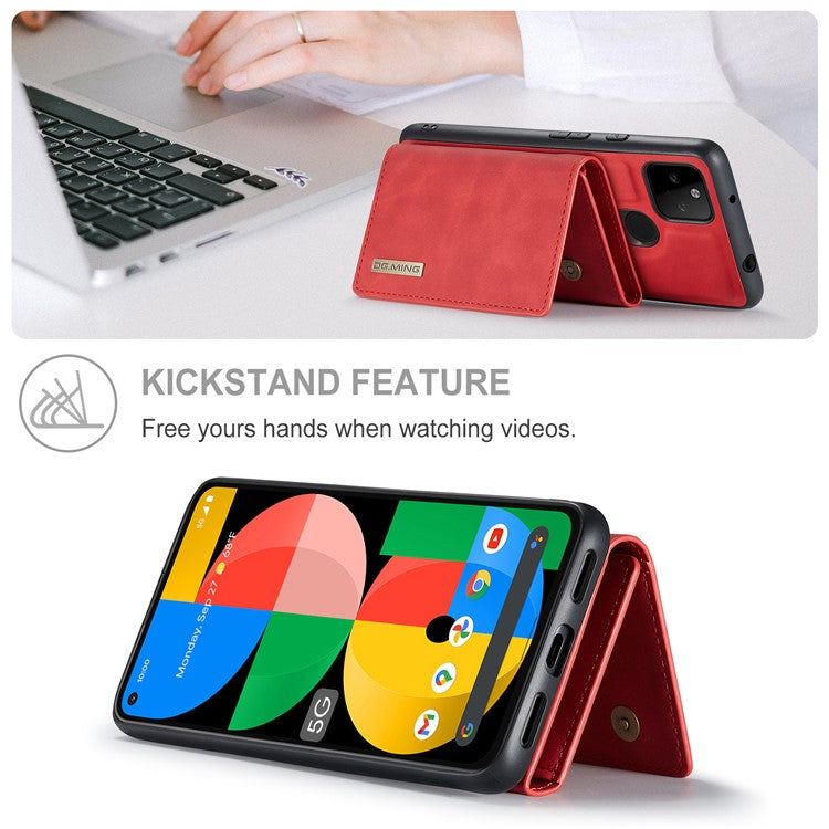 DG.MING M1 Series Detachable Magnetic Absorption Wallet + Well-protected PU Leather Coated Phone Case Shell with Kickstand for Google Pixel 5a 5G - Red
