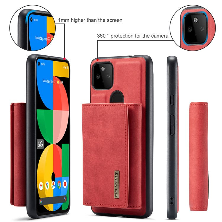DG.MING M1 Series Detachable Magnetic Absorption Wallet + Well-protected PU Leather Coated Phone Case Shell with Kickstand for Google Pixel 5a 5G - Red