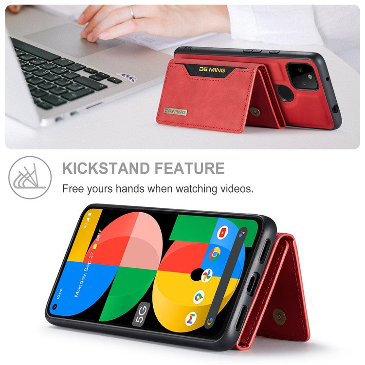 DG.MING M2 Series Front Card Slot Design Anti-Drop Magnetic Wallet Design Hybrid Case with Kickstand for Google Pixel 5a 5G - Red