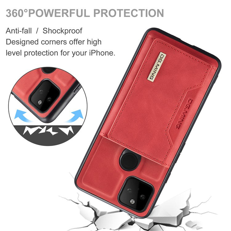 DG.MING M2 Series Front Card Slot Design Anti-Drop Magnetic Wallet Design Hybrid Case with Kickstand for Google Pixel 5a 5G - Red
