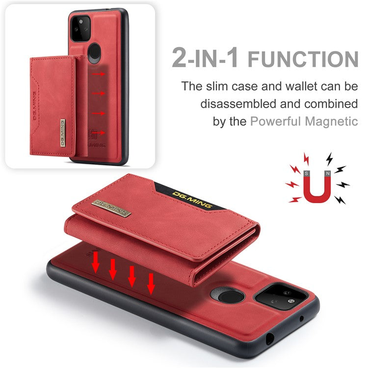 DG.MING M2 Series Front Card Slot Design Anti-Drop Magnetic Wallet Design Hybrid Case with Kickstand for Google Pixel 5a 5G - Red