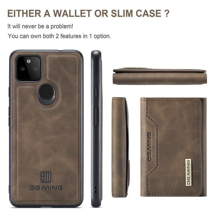 DG.MING M2 Series Front Card Slot Design Anti-Drop Magnetic Wallet Design Hybrid Case with Kickstand for Google Pixel 5a 5G - Coffee