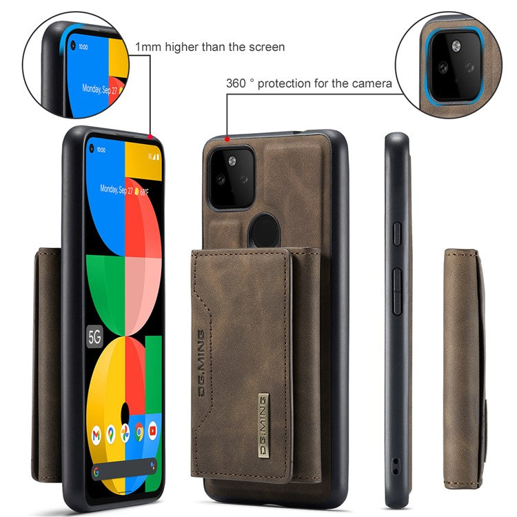 DG.MING M2 Series Front Card Slot Design Anti-Drop Magnetic Wallet Design Hybrid Case with Kickstand for Google Pixel 5a 5G - Coffee