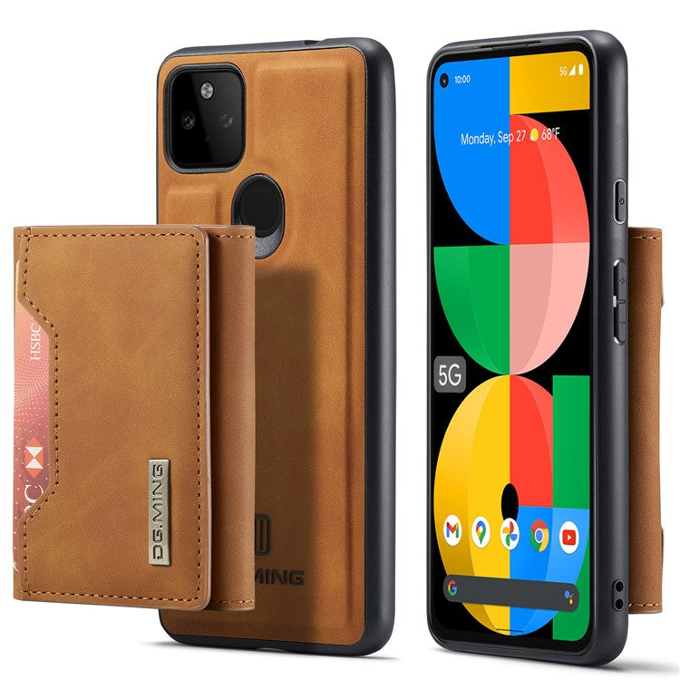 DG.MING M2 Series Front Card Slot Design Anti-Drop Magnetic Wallet Design Hybrid Case with Kickstand for Google Pixel 5a 5G - Brown