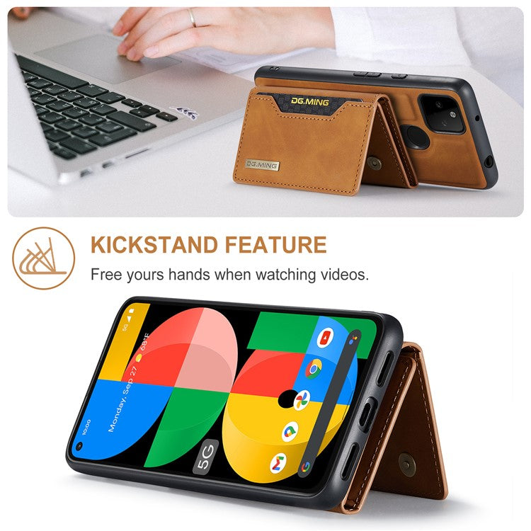 DG.MING M2 Series Front Card Slot Design Anti-Drop Magnetic Wallet Design Hybrid Case with Kickstand for Google Pixel 5a 5G - Brown