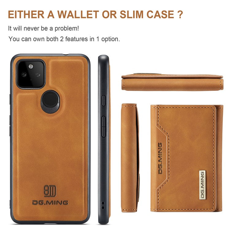 DG.MING M2 Series Front Card Slot Design Anti-Drop Magnetic Wallet Design Hybrid Case with Kickstand for Google Pixel 5a 5G - Brown