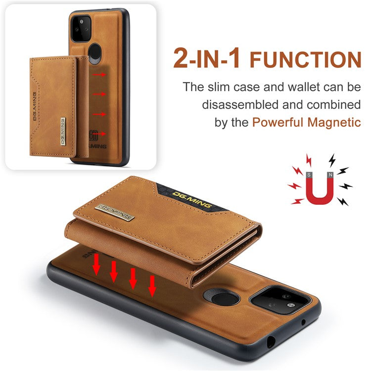 DG.MING M2 Series Front Card Slot Design Anti-Drop Magnetic Wallet Design Hybrid Case with Kickstand for Google Pixel 5a 5G - Brown