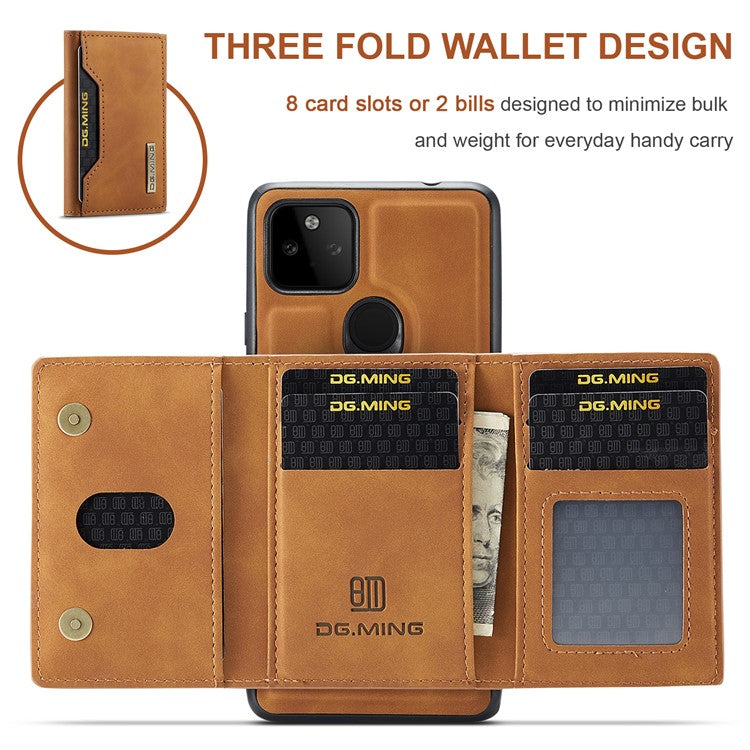 DG.MING M2 Series Front Card Slot Design Anti-Drop Magnetic Wallet Design Hybrid Case with Kickstand for Google Pixel 5a 5G - Brown