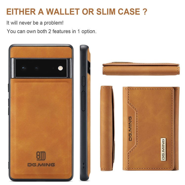 DG.MING M2 Series Shockproof Anti-scratch Magnetic Wallet Design Hybrid Case with Kickstand for Google Pixel 6 Pro - Brown