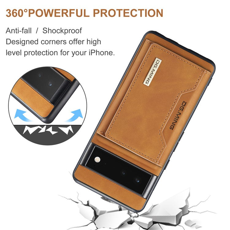 DG.MING M2 Series Shockproof Anti-scratch Magnetic Wallet Design Hybrid Case with Kickstand for Google Pixel 6 Pro - Brown