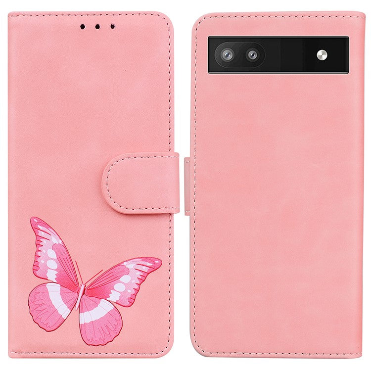 Magnetic Closure Skin Touch Feeling Phone Case Anti-scratch Butterfly Printing Stand Wallet Leather Phone Cover for Google Pixel 6a - Pink