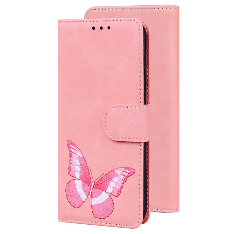 Magnetic Closure Skin Touch Feeling Phone Case Anti-scratch Butterfly Printing Stand Wallet Leather Phone Cover for Google Pixel 6a - Pink