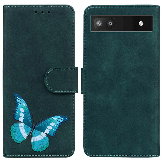 Magnetic Closure Skin Touch Feeling Phone Case Anti-scratch Butterfly Printing Stand Wallet Leather Phone Cover for Google Pixel 6a - Green