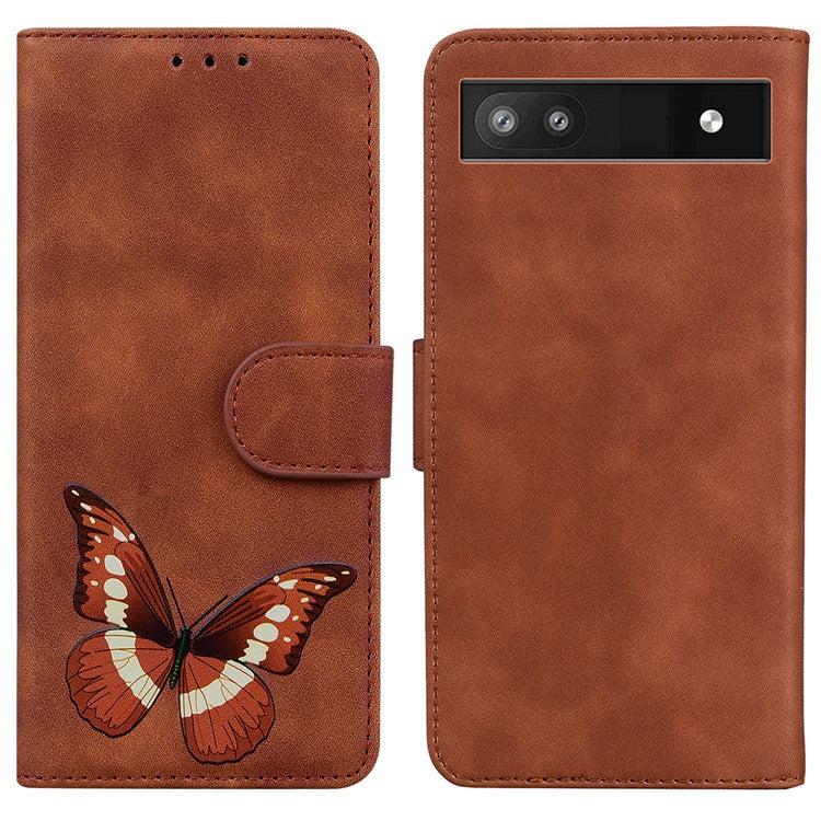 Magnetic Closure Skin Touch Feeling Phone Case Anti-scratch Butterfly Printing Stand Wallet Leather Phone Cover for Google Pixel 6a - Brown