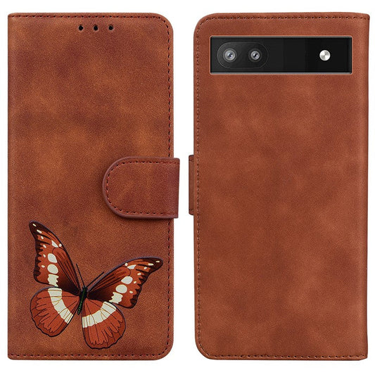 Magnetic Closure Skin Touch Feeling Phone Case Anti-scratch Butterfly Printing Stand Wallet Leather Phone Cover for Google Pixel 6a - Brown