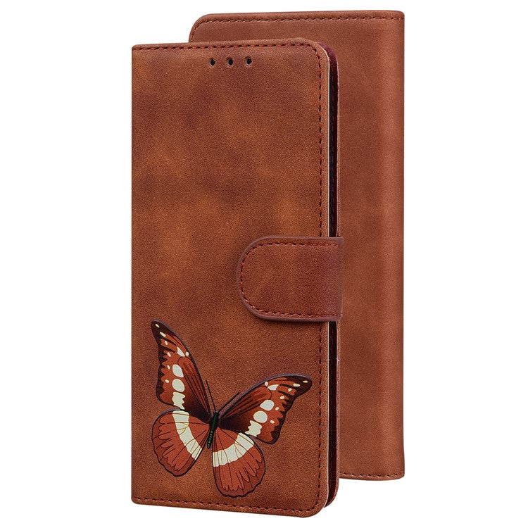 Magnetic Closure Skin Touch Feeling Phone Case Anti-scratch Butterfly Printing Stand Wallet Leather Phone Cover for Google Pixel 6a - Brown