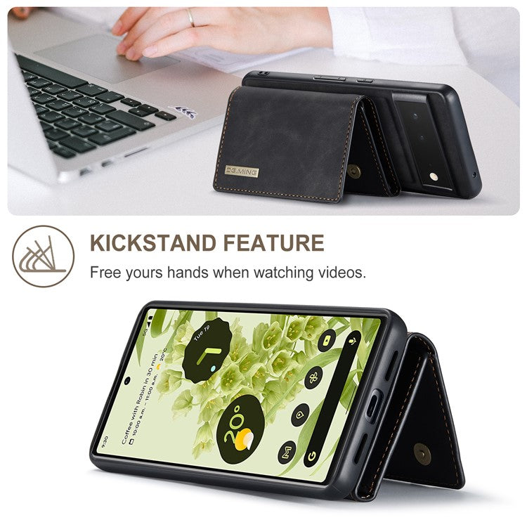 DG.MING M1 Series Multi-functional Magnetic Absorption Wallet + Anti-drop PU Leather Coated Phone Case with Kickstand for Google Pixel 6 - Black
