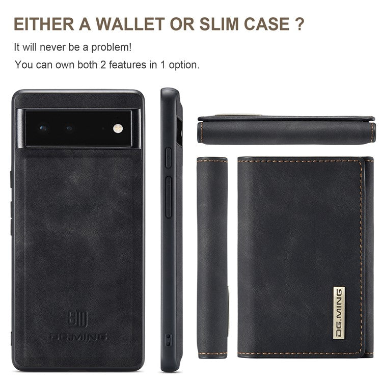 DG.MING M1 Series Multi-functional Magnetic Absorption Wallet + Anti-drop PU Leather Coated Phone Case with Kickstand for Google Pixel 6 - Black