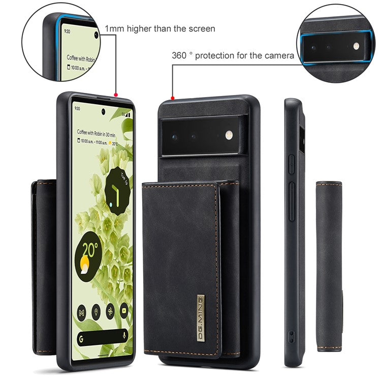 DG.MING M1 Series Multi-functional Magnetic Absorption Wallet + Anti-drop PU Leather Coated Phone Case with Kickstand for Google Pixel 6 - Black