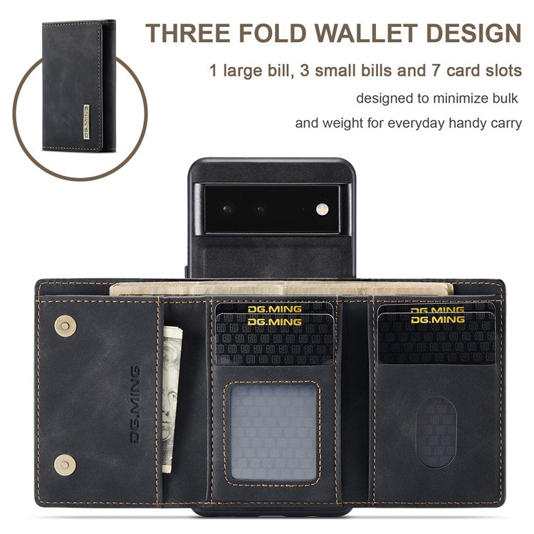 DG.MING M1 Series Multi-functional Magnetic Absorption Wallet + Anti-drop PU Leather Coated Phone Case with Kickstand for Google Pixel 6 - Black