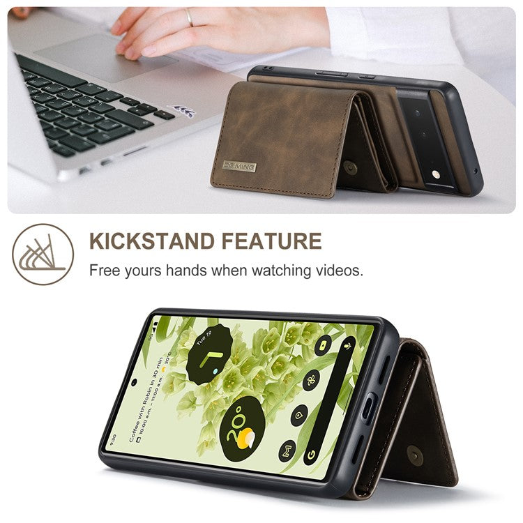 DG.MING M1 Series Multi-functional Magnetic Absorption Wallet + Anti-drop PU Leather Coated Phone Case with Kickstand for Google Pixel 6 - Coffee