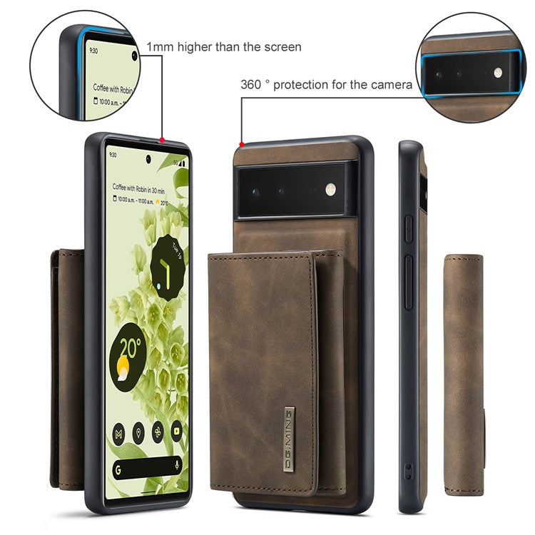 DG.MING M1 Series Multi-functional Magnetic Absorption Wallet + Anti-drop PU Leather Coated Phone Case with Kickstand for Google Pixel 6 - Coffee