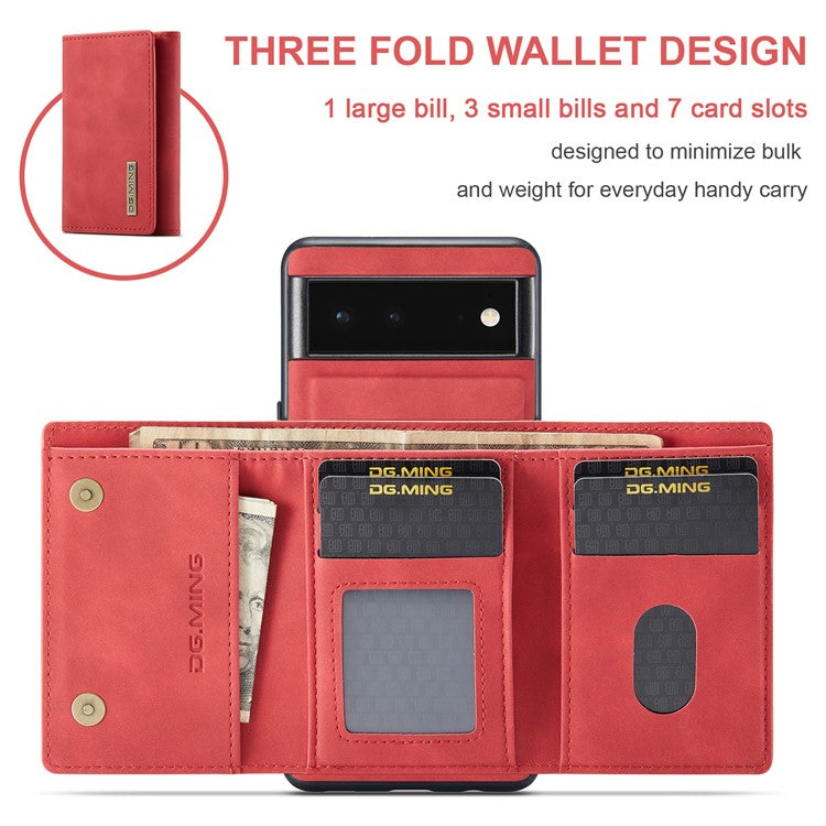 DG.MING M1 Series Multi-functional Magnetic Absorption Wallet + Anti-drop PU Leather Coated Phone Case with Kickstand for Google Pixel 6 - Red