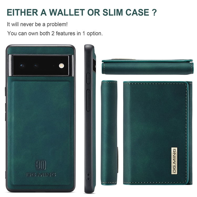 DG.MING M1 Series Multi-functional Magnetic Absorption Wallet + Anti-drop PU Leather Coated Phone Case with Kickstand for Google Pixel 6 - Green